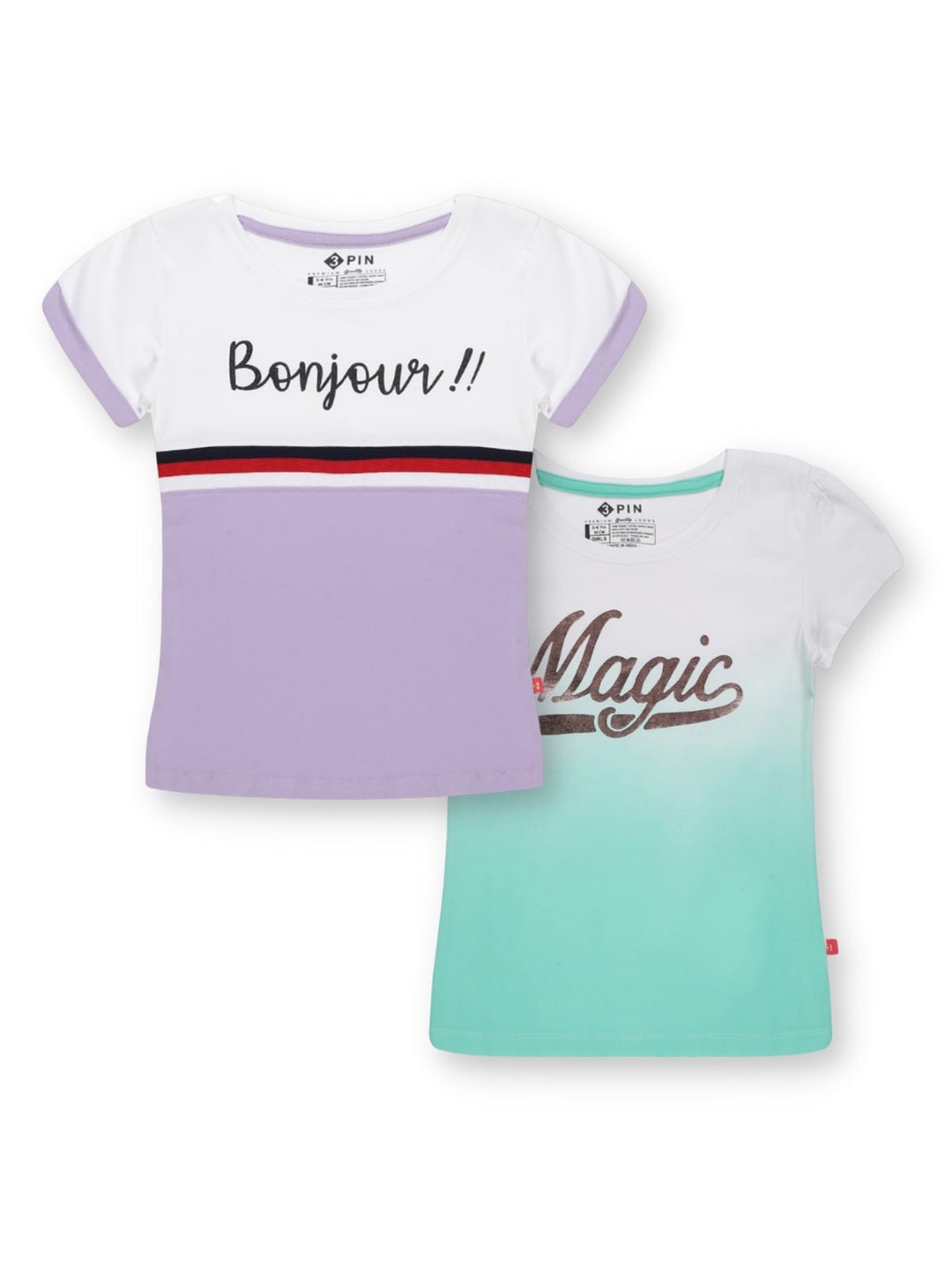 

3PIN Girls Pack Of 2 Typography Printed Cotton T-shirts, Purple