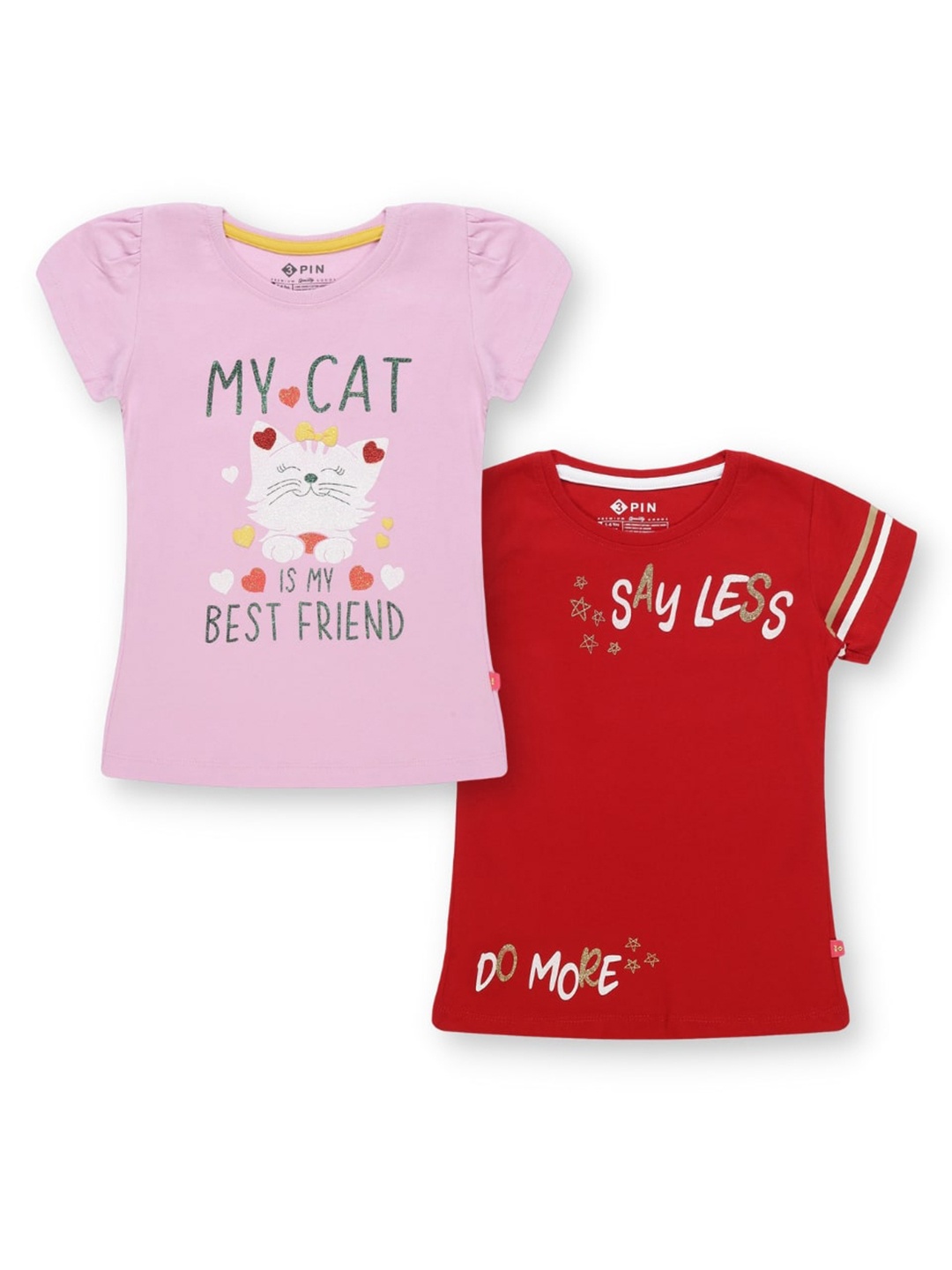 

3PIN Girls Pack Of 2 Printed Pure Cotton T-shirt, Pink