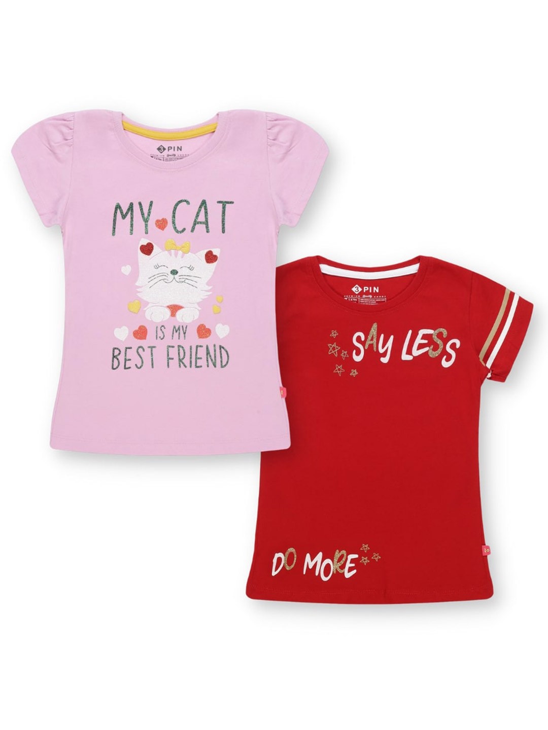 

3PIN Girls Pack Of 2 Printed Pure Cotton T-shirt, Pink