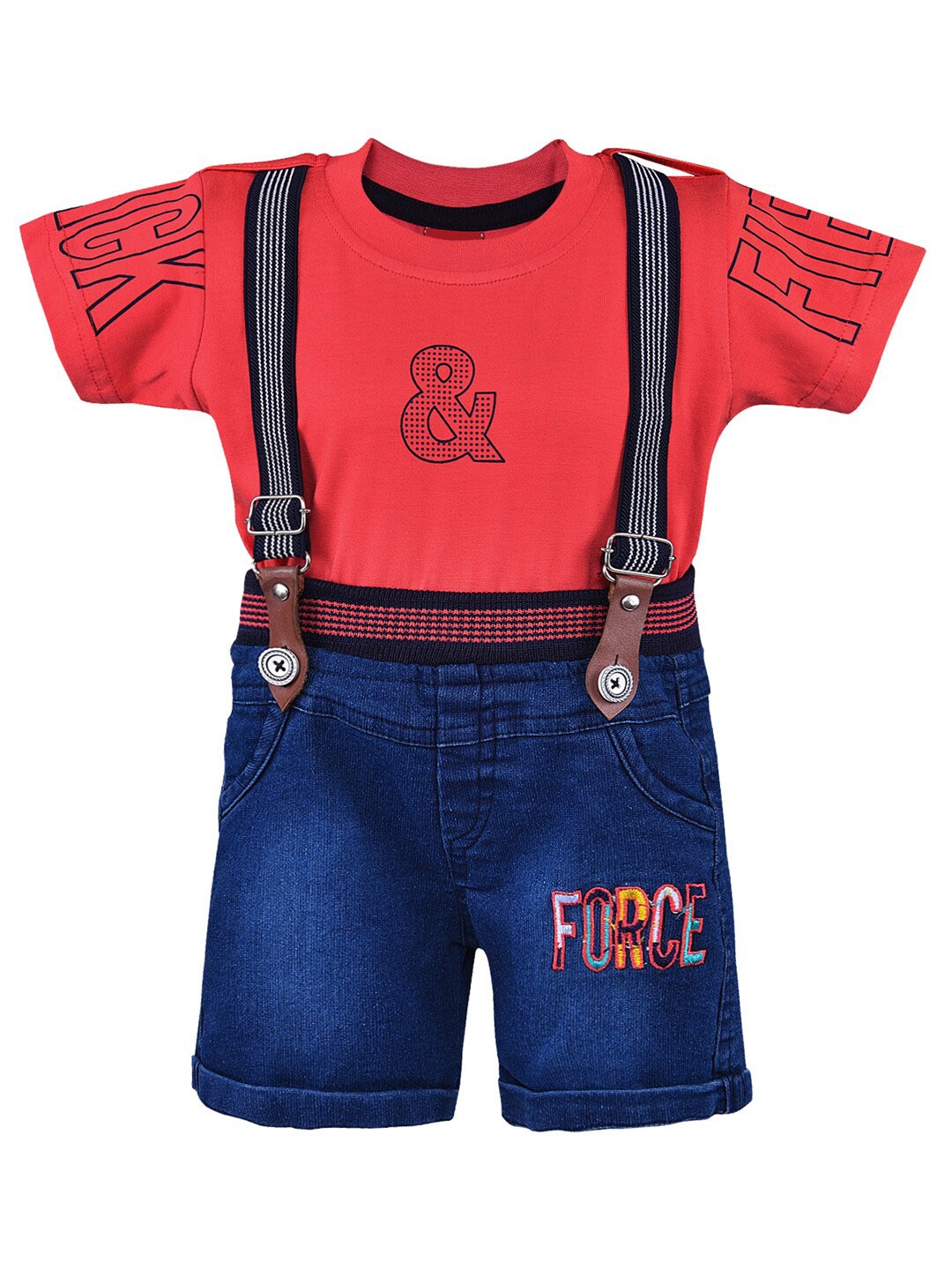 

Wish Karo Boys Printed T-shirt with Shorts & Suspenders, Red