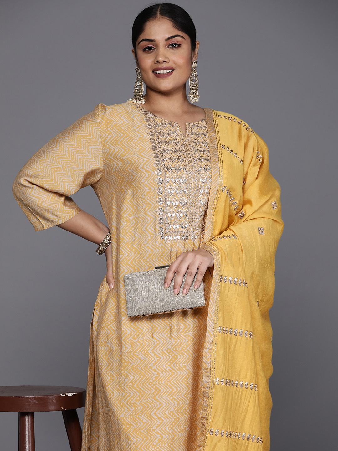 

Varanga Plus Size Ethnic Motifs Embroidered Mirror Work Kurta with Trousers & Dupatta, Mustard