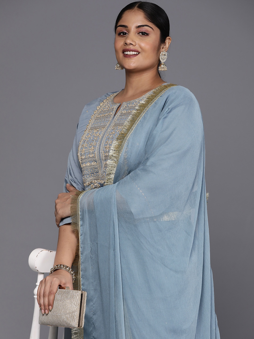 

Varanga Plus Size Ethnic Motifs Embroidered Sequinned Kurta with Trousers & Dupatta, Grey