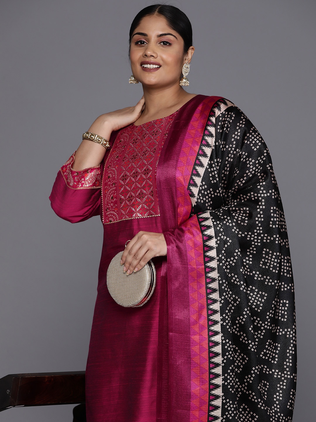 

Varanga Xtra Ethnic Motifs Yoke Design Gotta Patti Kurta with Trousers & Dupatta, Magenta
