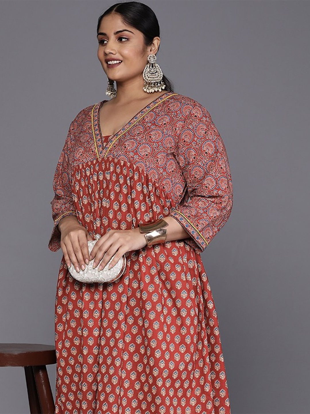 Varanga Plus Size Ethnic Motifs Printed Pure Cotton Empire Kurta, Maroon