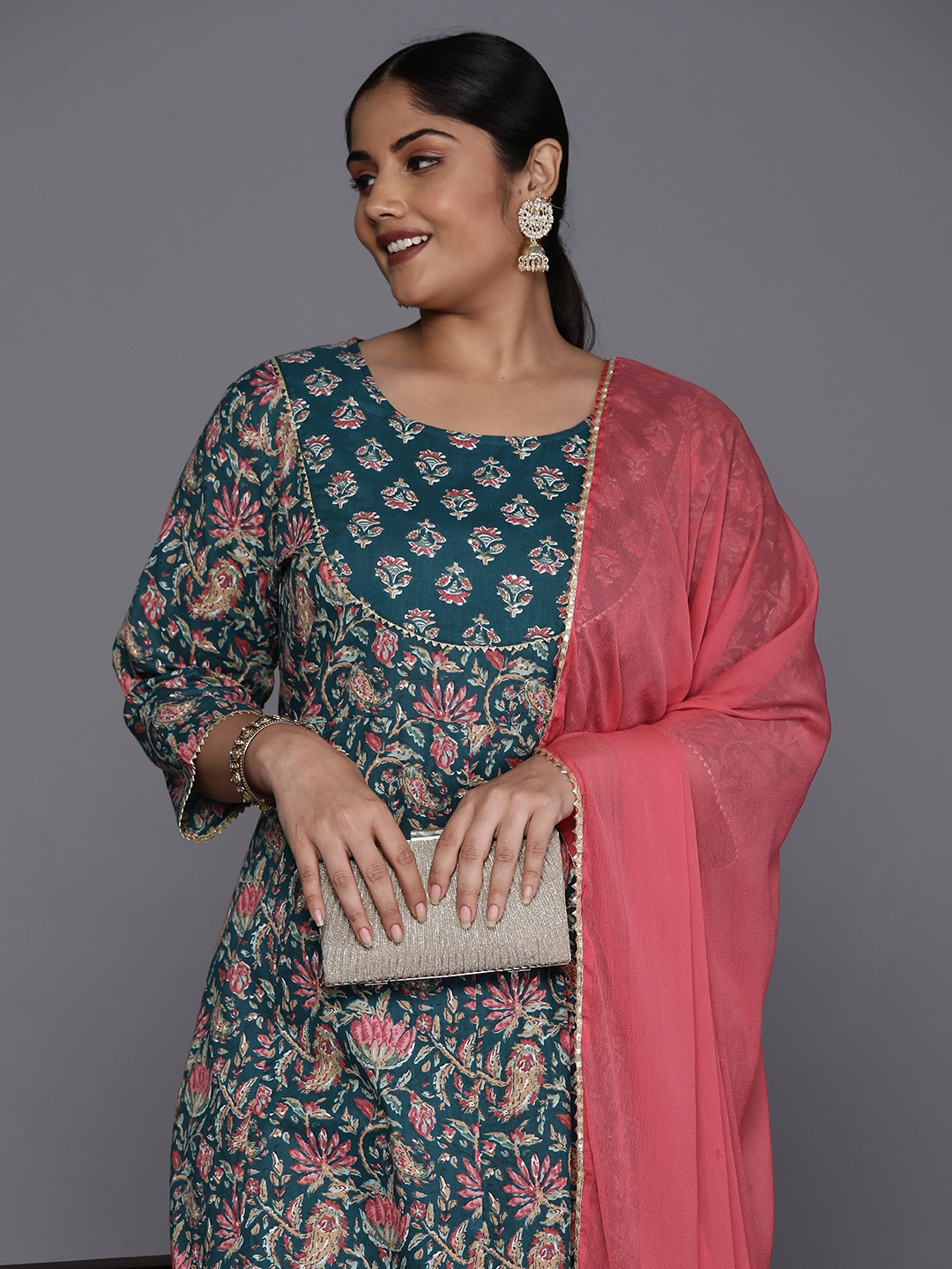 

Varanga Plus Size Floral Printed Gotta Patti Pure Cotton Kurta with Trousers & Dupatta, Teal