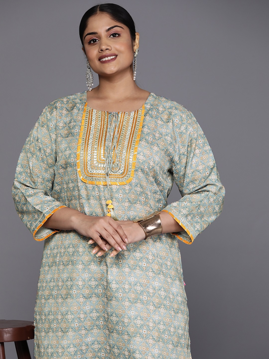 Varanga Plus Size Ethnic Motifs Printed Tie-Up Neck Thread Work Kurta, Grey