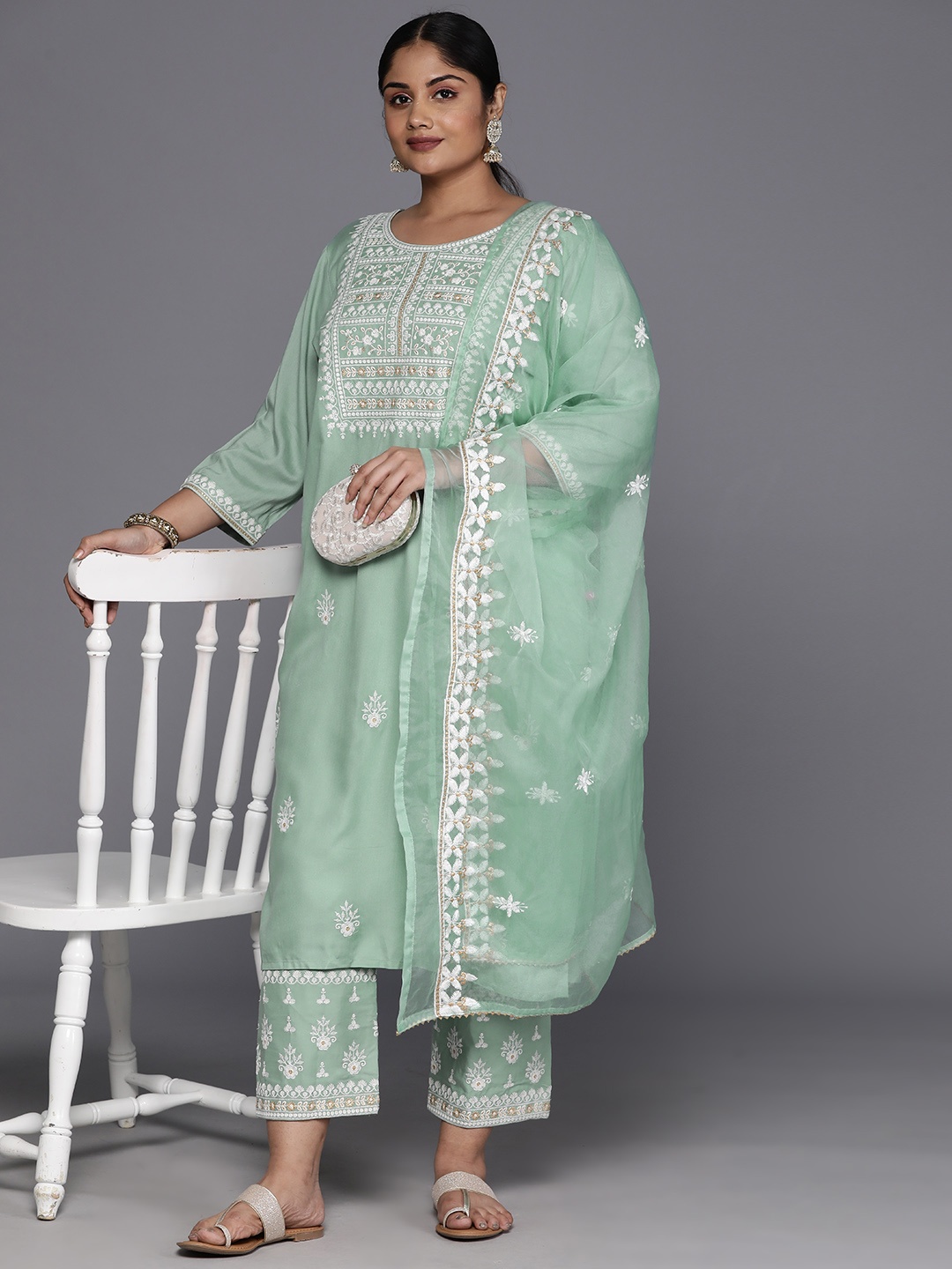 

Varanga Plus Size Ethnic Motifs Embroidered Thread Work Kurta with Trousers & Dupatta, Sea green