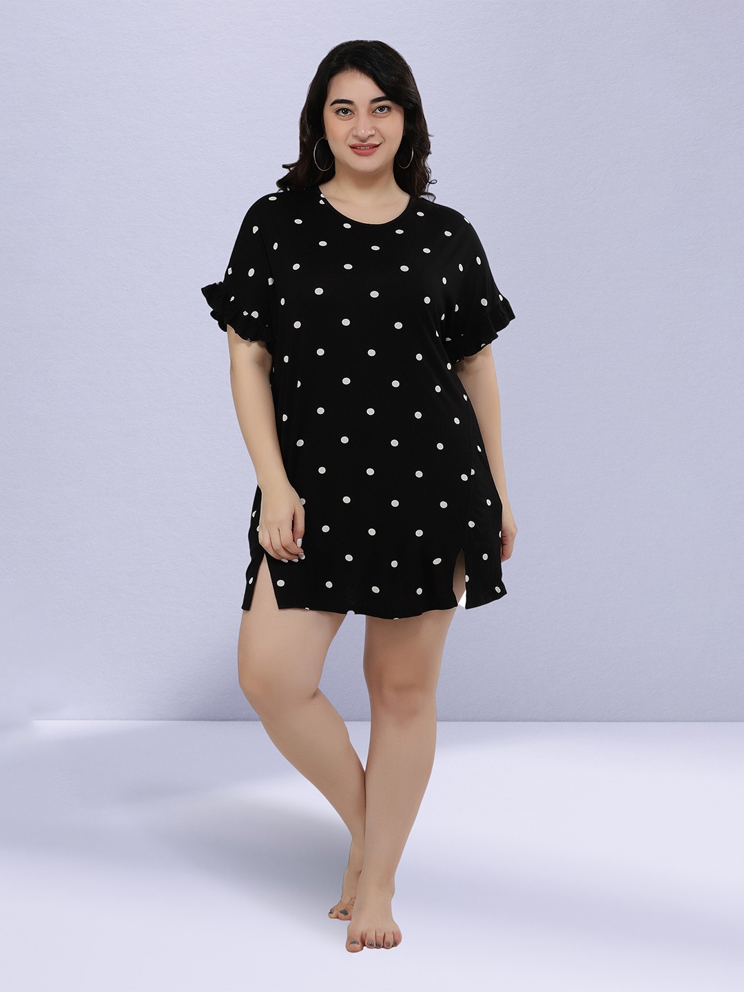 

NUEVOSDAMAS Polka Dots Printed T-Shirt Night Dress, Black