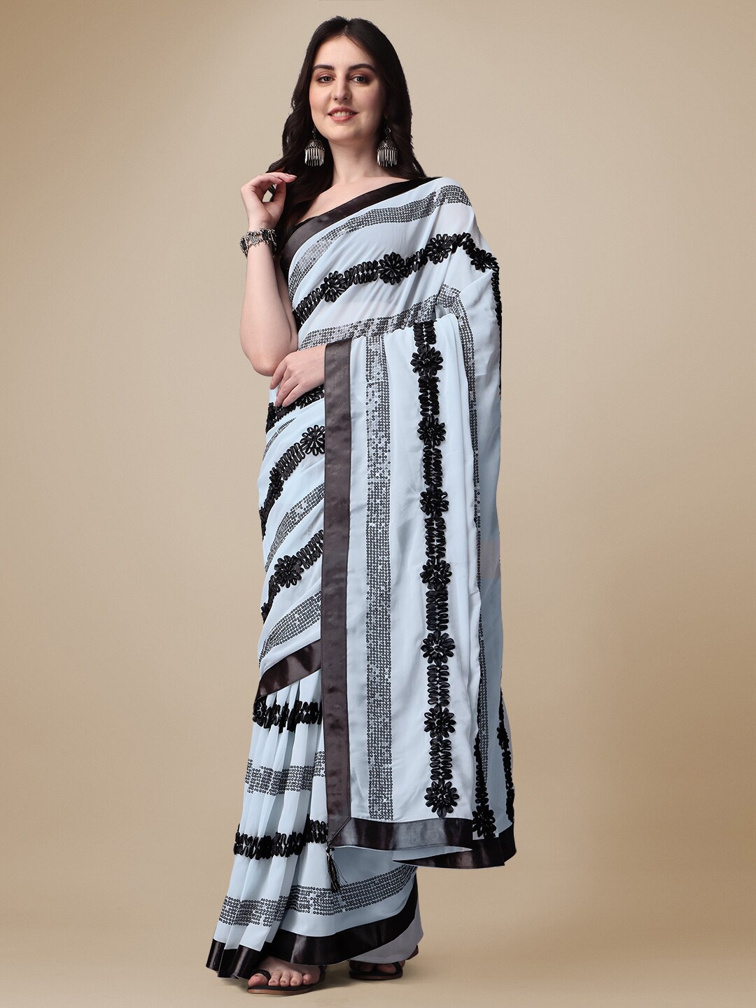

FORKEY Embellished Sequinned Poly Georgette Mangalagiri Saree, Blue