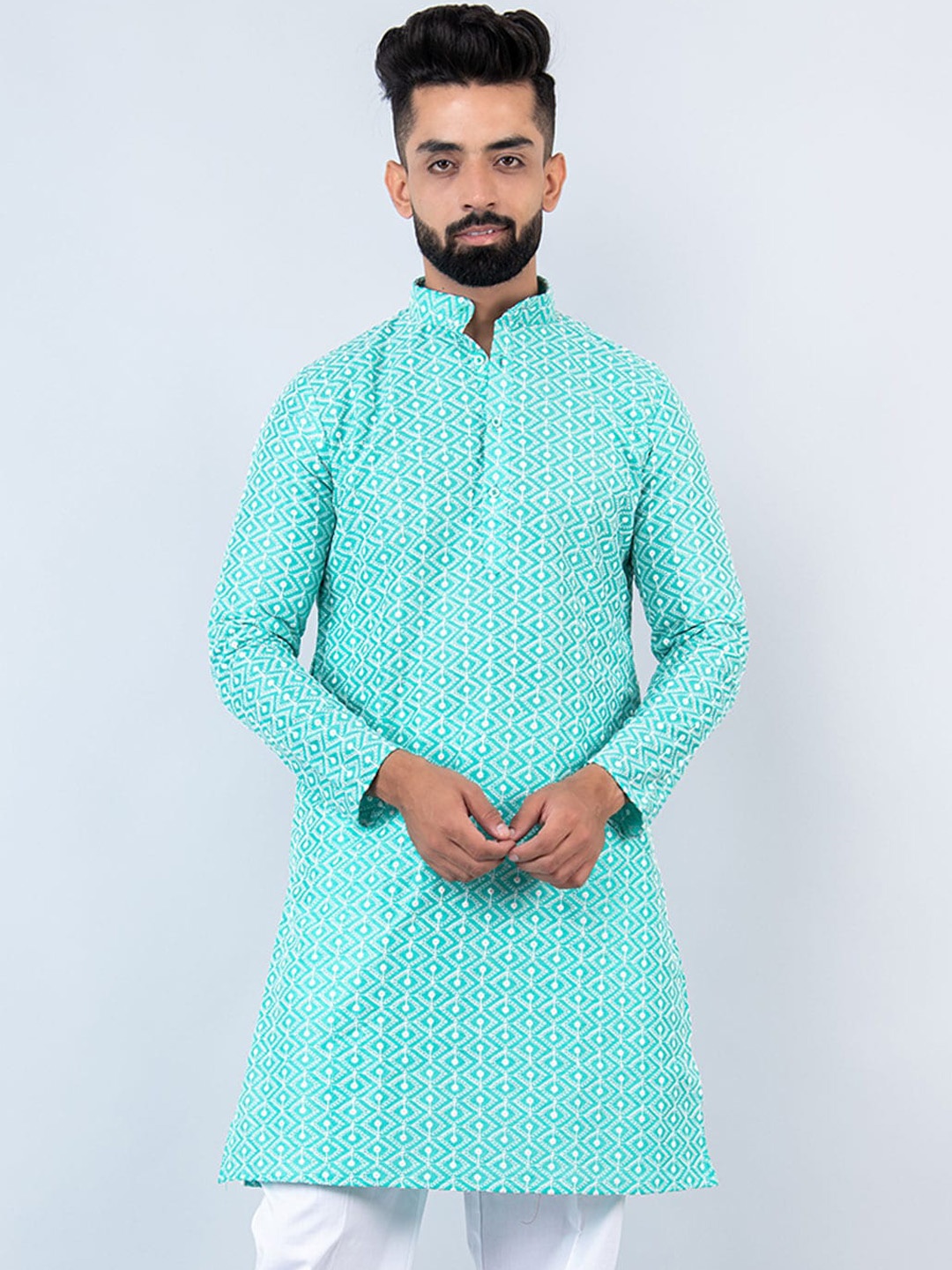 

Tistabene Ethnic Motifs Embroidered Pure Cotton Kurta, Turquoise blue
