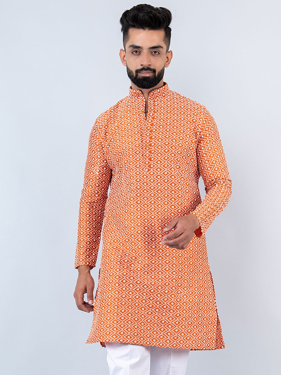 

Tistabene Geometric Embroidered Mandarin Collar Thread Work Cotton Kurta, Orange