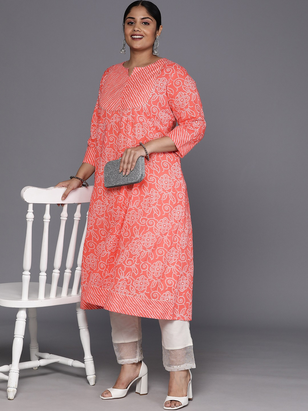 

Varanga Plus Size Bandhani Printed Pure Cotton Kurta, Coral