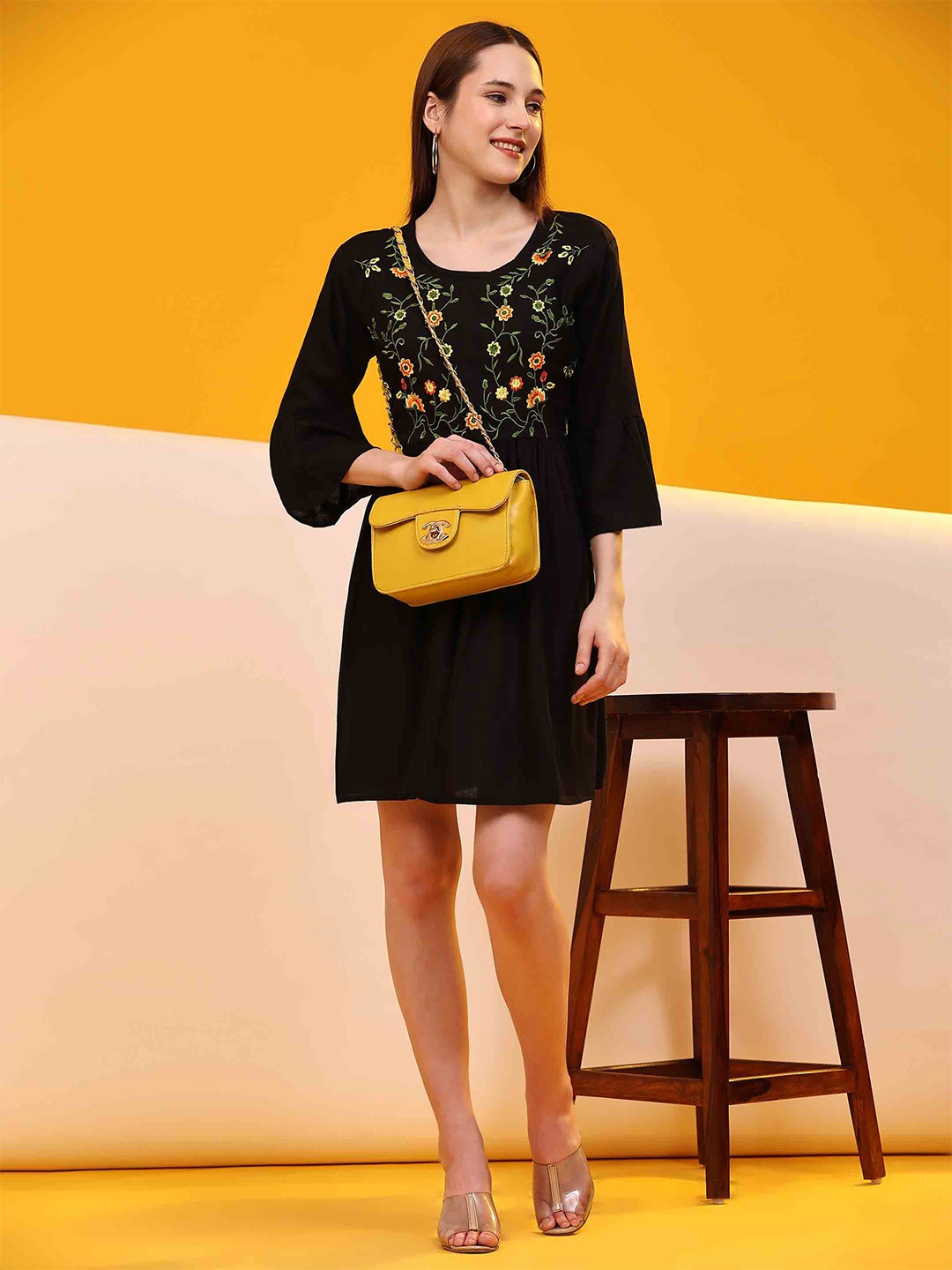 

JAIPUR FASHION MODE Floral Embroidered Bell Sleeves Gathered Fit & Flare Dress, Black