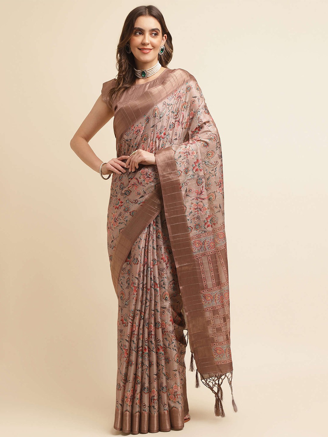 

Mitera Brown & Red Floral Printed Zari Banarasi Saree