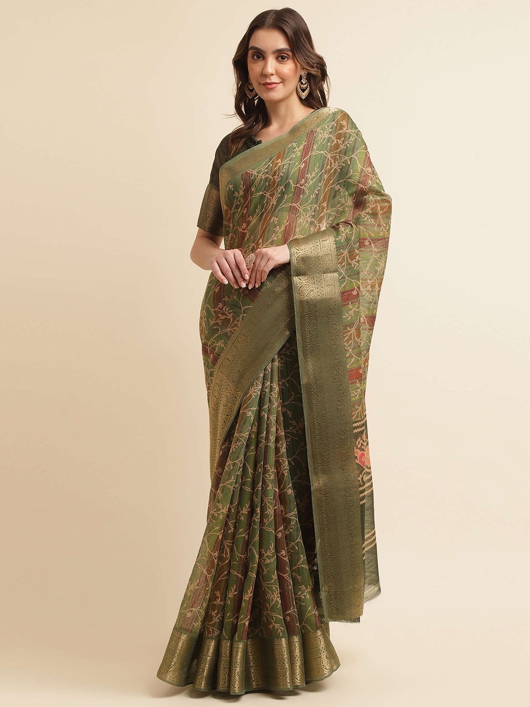 

Mitera Green & Gold-Toned Floral Printed Zari Silk Cotton Banarasi Saree