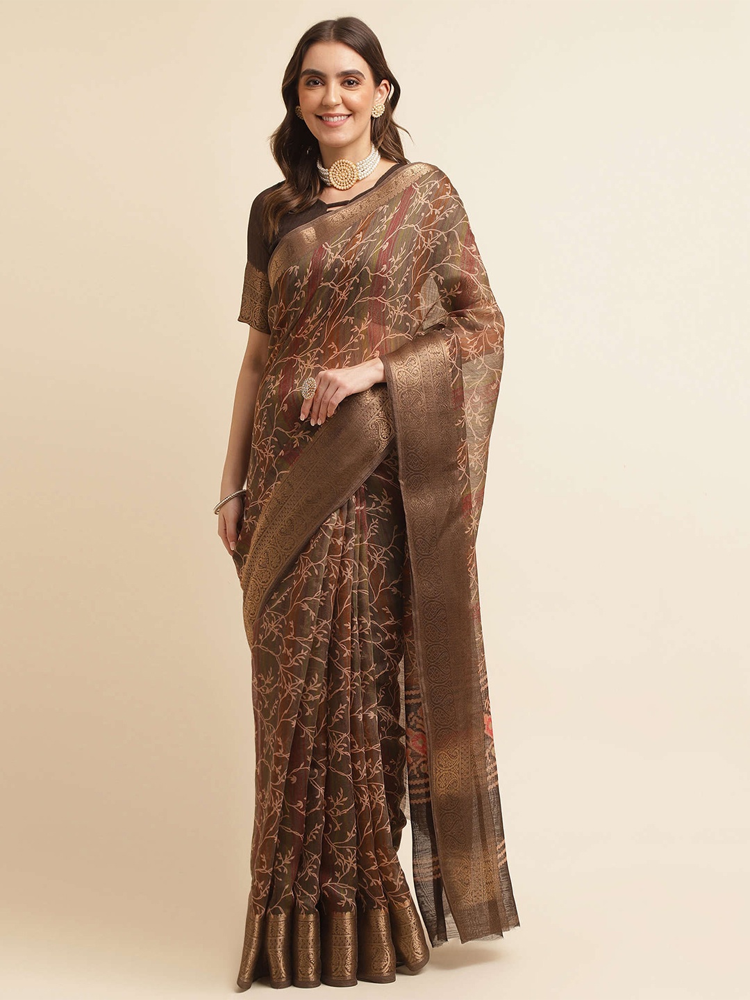 

Mitera Brown & Beige Floral Printed Zari Silk Cotton Banarasi Saree