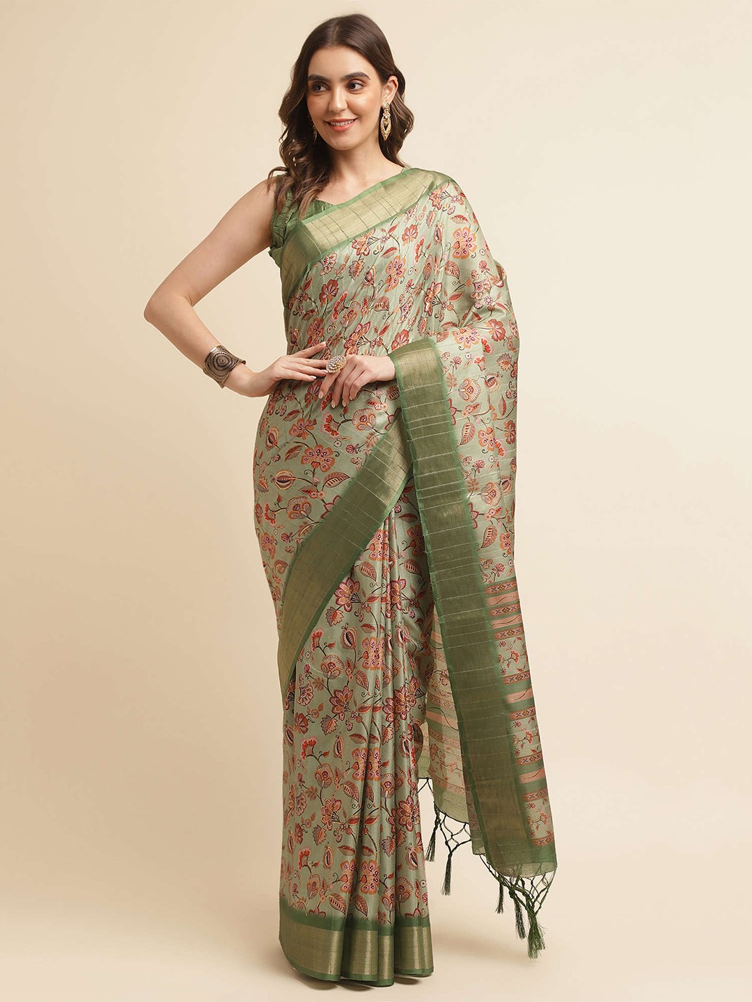 

Mitera Green & Red Floral Printed Zari Silk Blend Banarasi Saree