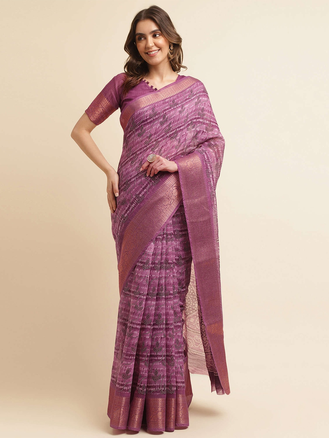 

Mitera Purple & White Bandahani Printed Zari Silk Cotton Banarasi Saree