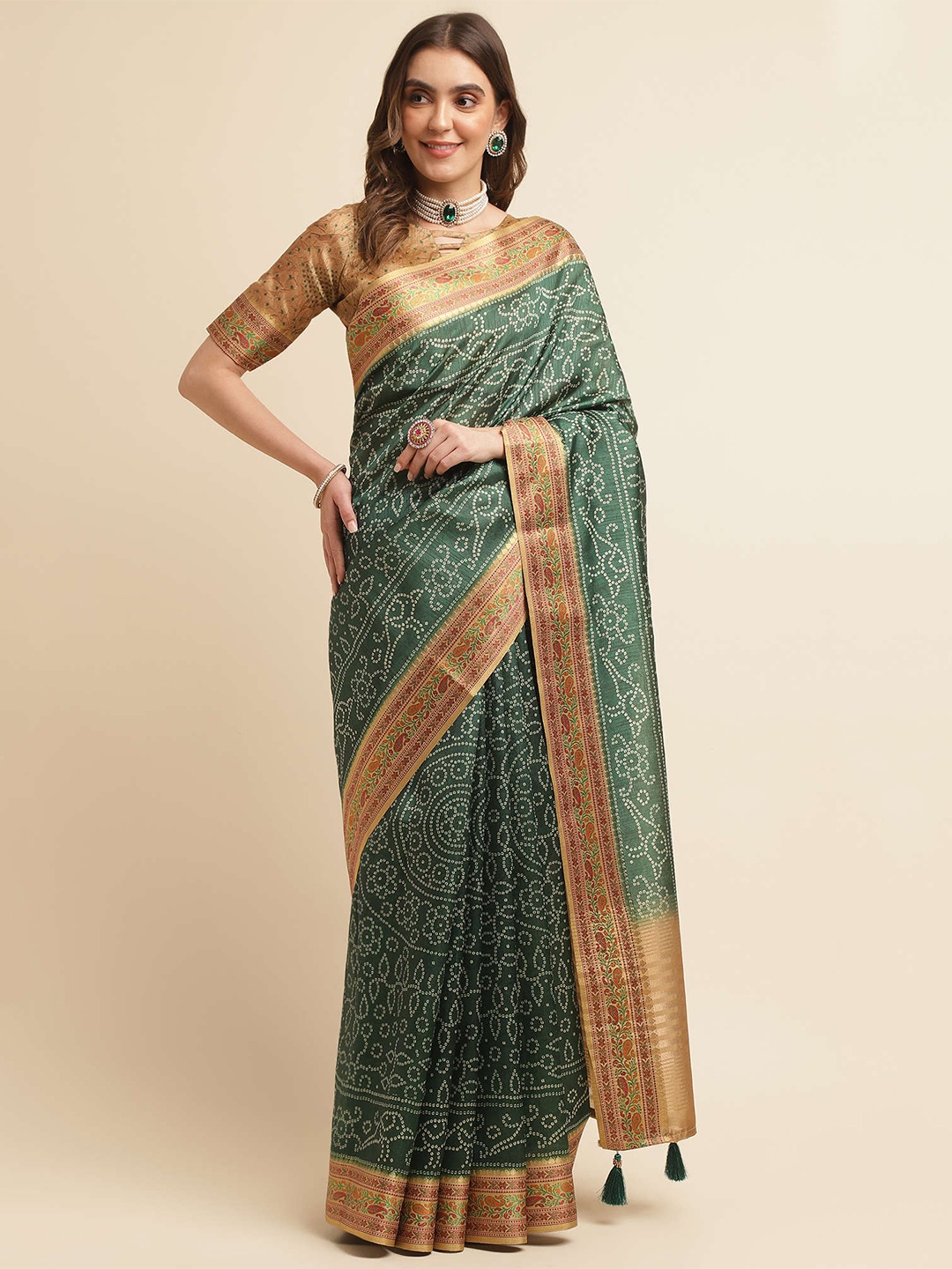 

Mitera Green & Mustard Printed Pure Silk Bandhani Saree