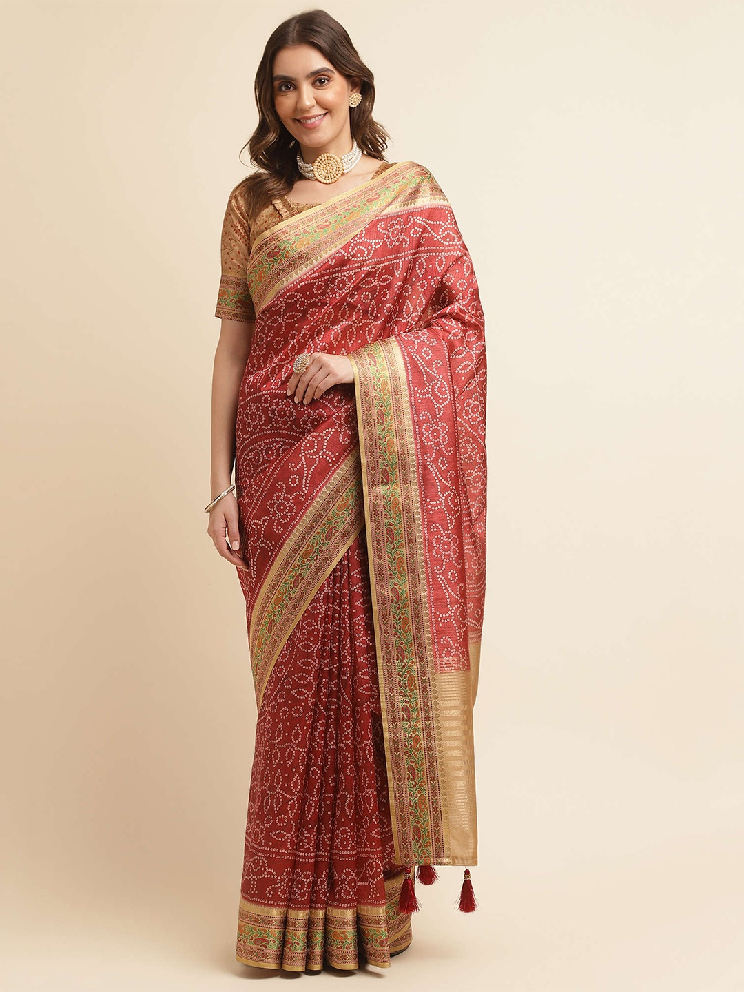 

Mitera Maroon & White Printed Zari Pure Silk Bandhani Saree