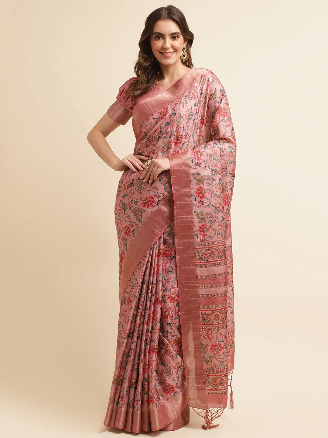 Mitera Pink & Green Floral Printed Zari Silk Blend Banarasi Saree