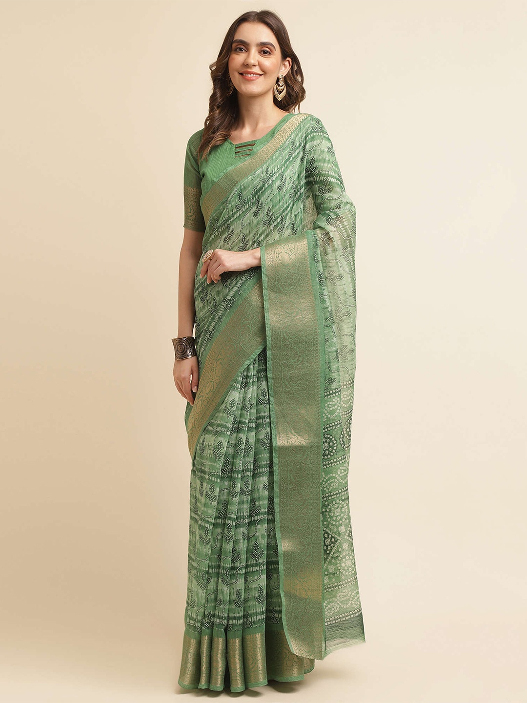 

Mitera Green & Gold-Toned Printed Zari Silk Cotton Banarasi Saree