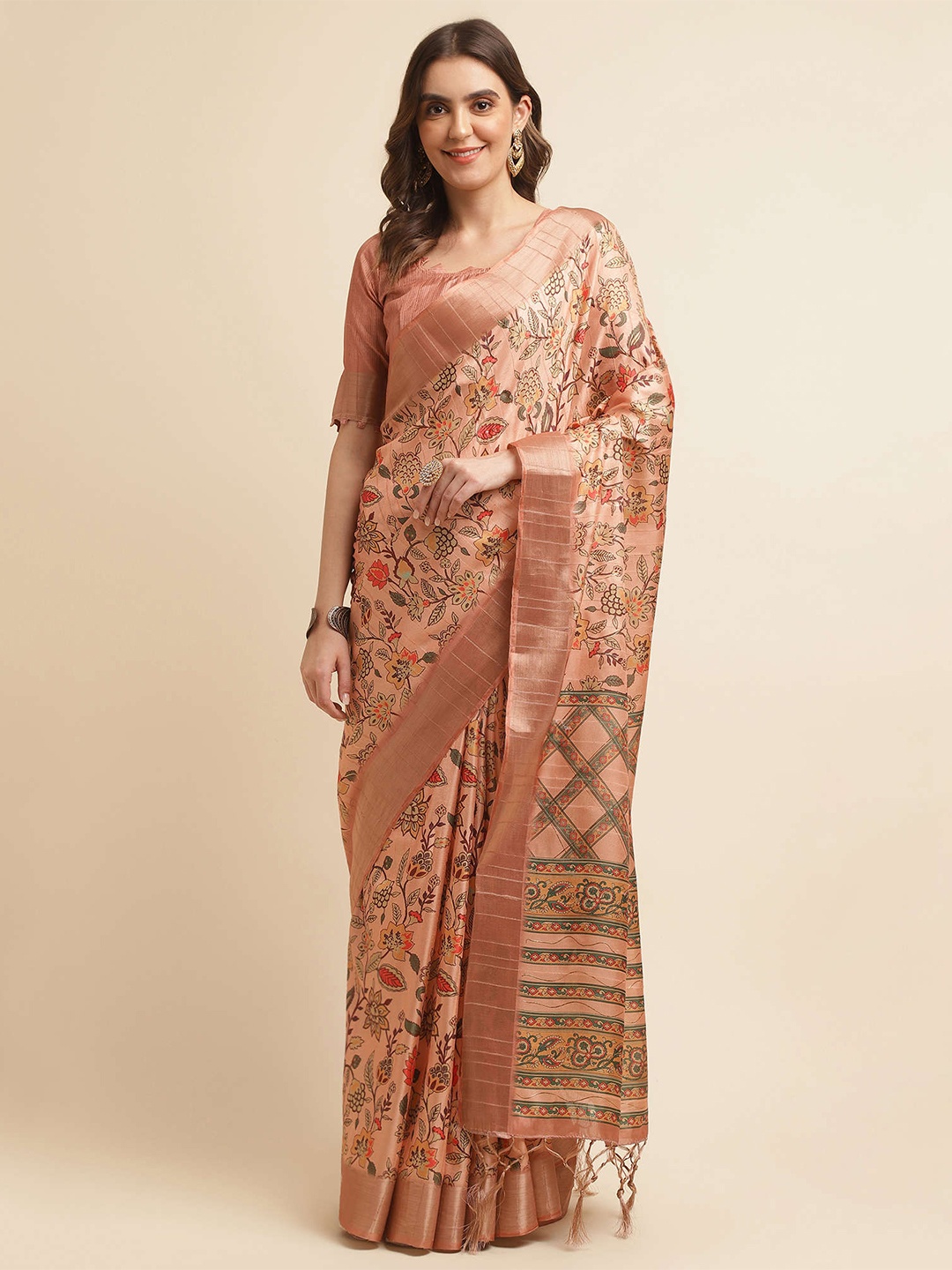 

Mitera Peach & Gold-Toned Floral Printed Zari Banarasi Saree