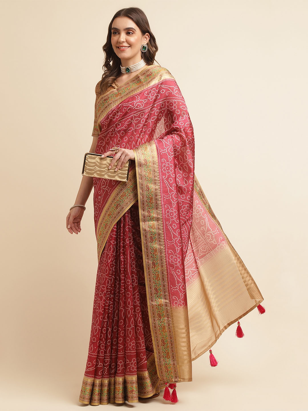 

Mitera Pink & White Bandhani Zari Pure Silk Bandhani Saree