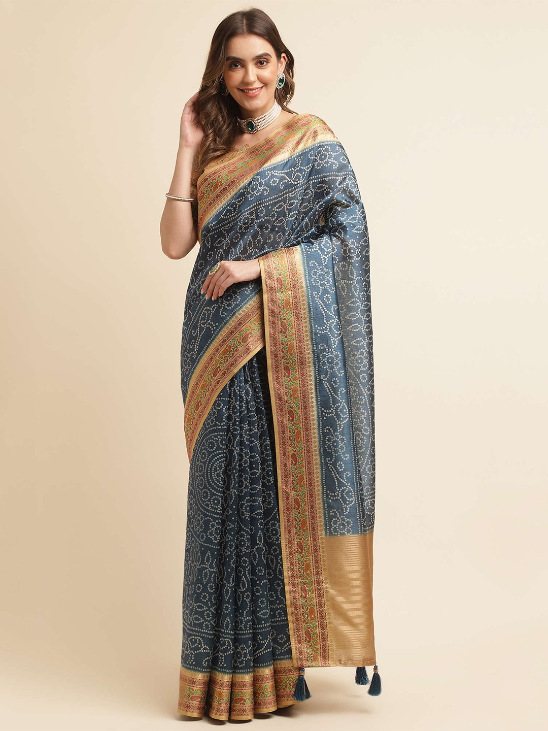 

Mitera Blue & Gold-Toned Printed Zari Pure Silk Bandhani Saree