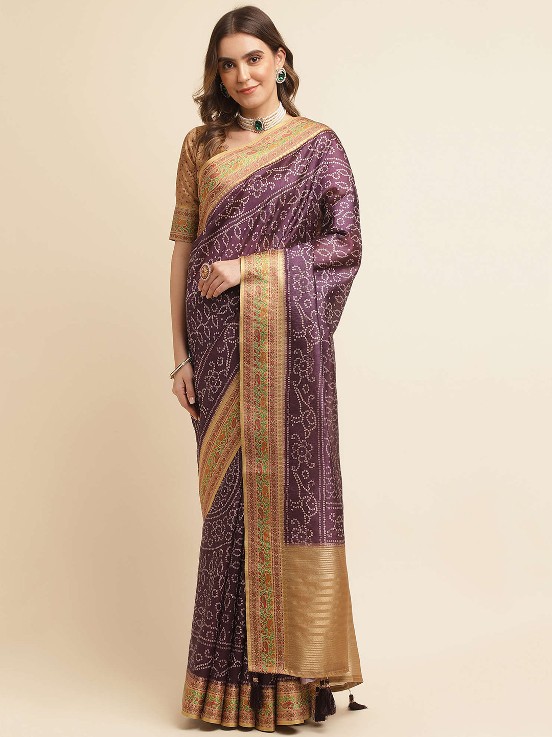 

Mitera Purple & Brown Bandhani Printed Zari Pure Silk Saree