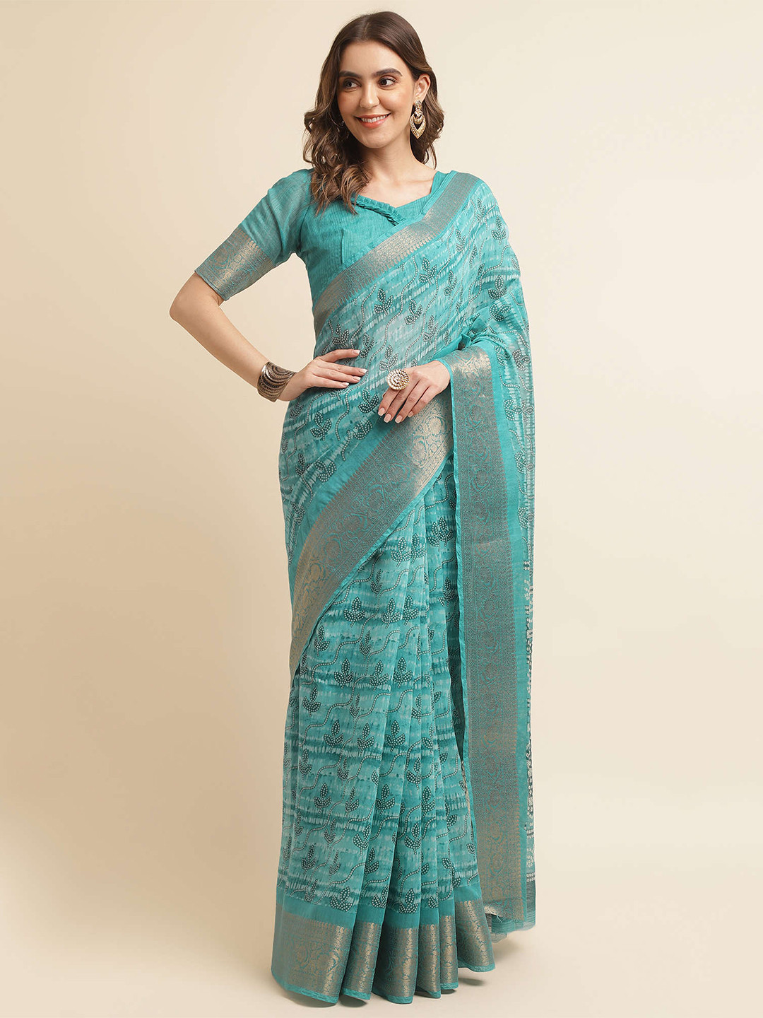 

Mitera Teal & White Printed Zari Silk Cotton Banarasi Saree