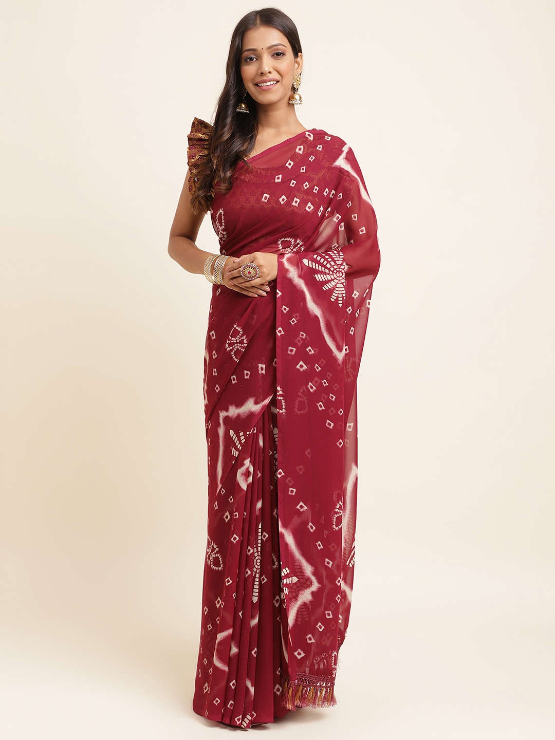 

Mitera Magenta & Off White Bandhani Pure Georgette Saree