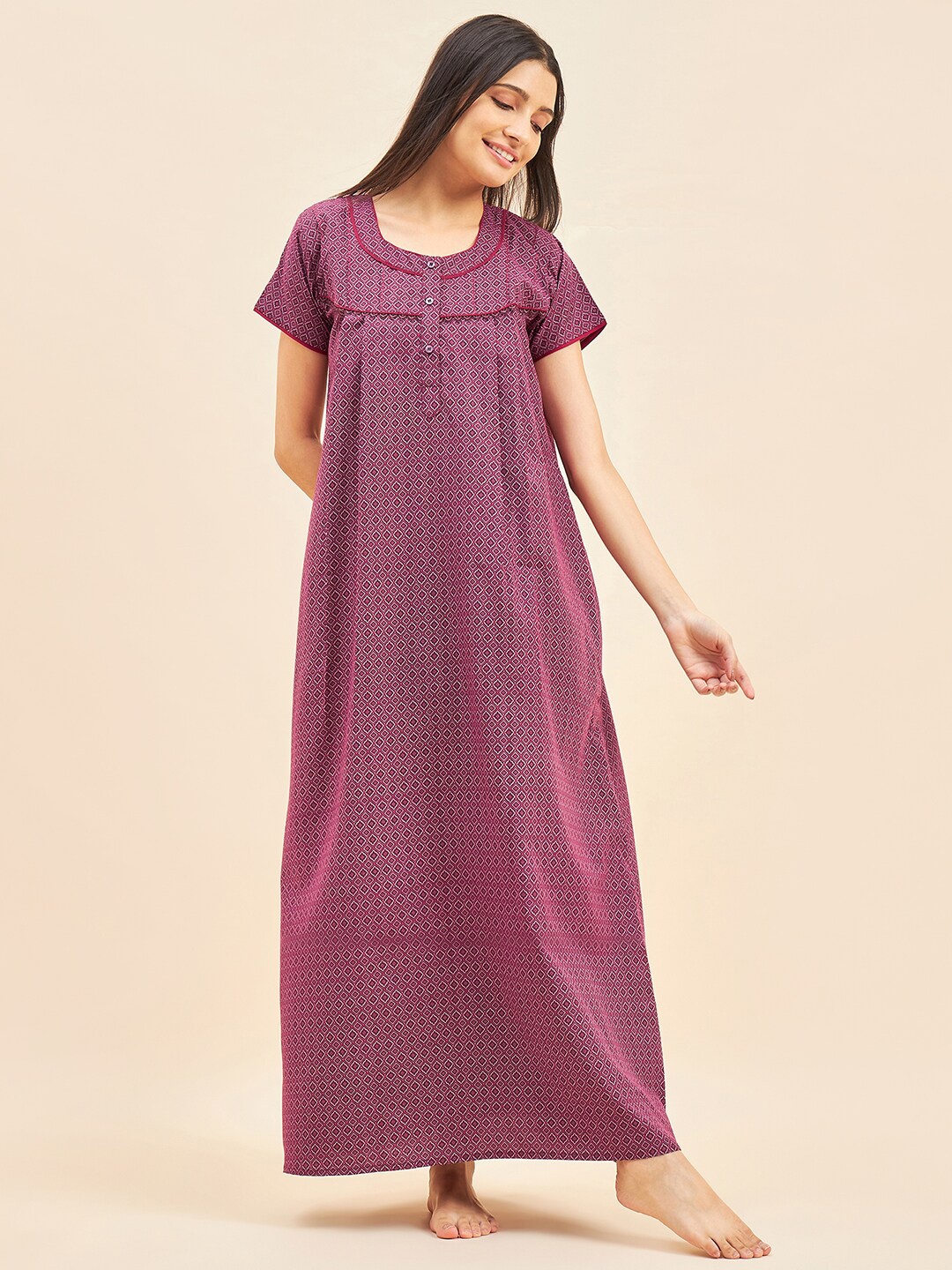 

Sweet Dreams Maroon Geometric Printed Maxi Nightdress