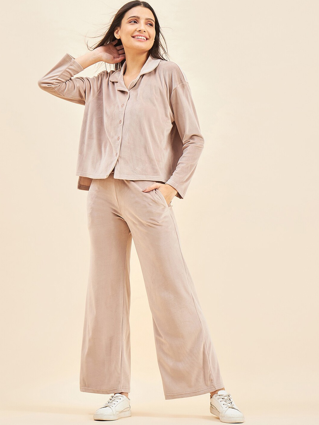 

Sweet Dreams Lapel Collar Shirt With Trousers, Beige