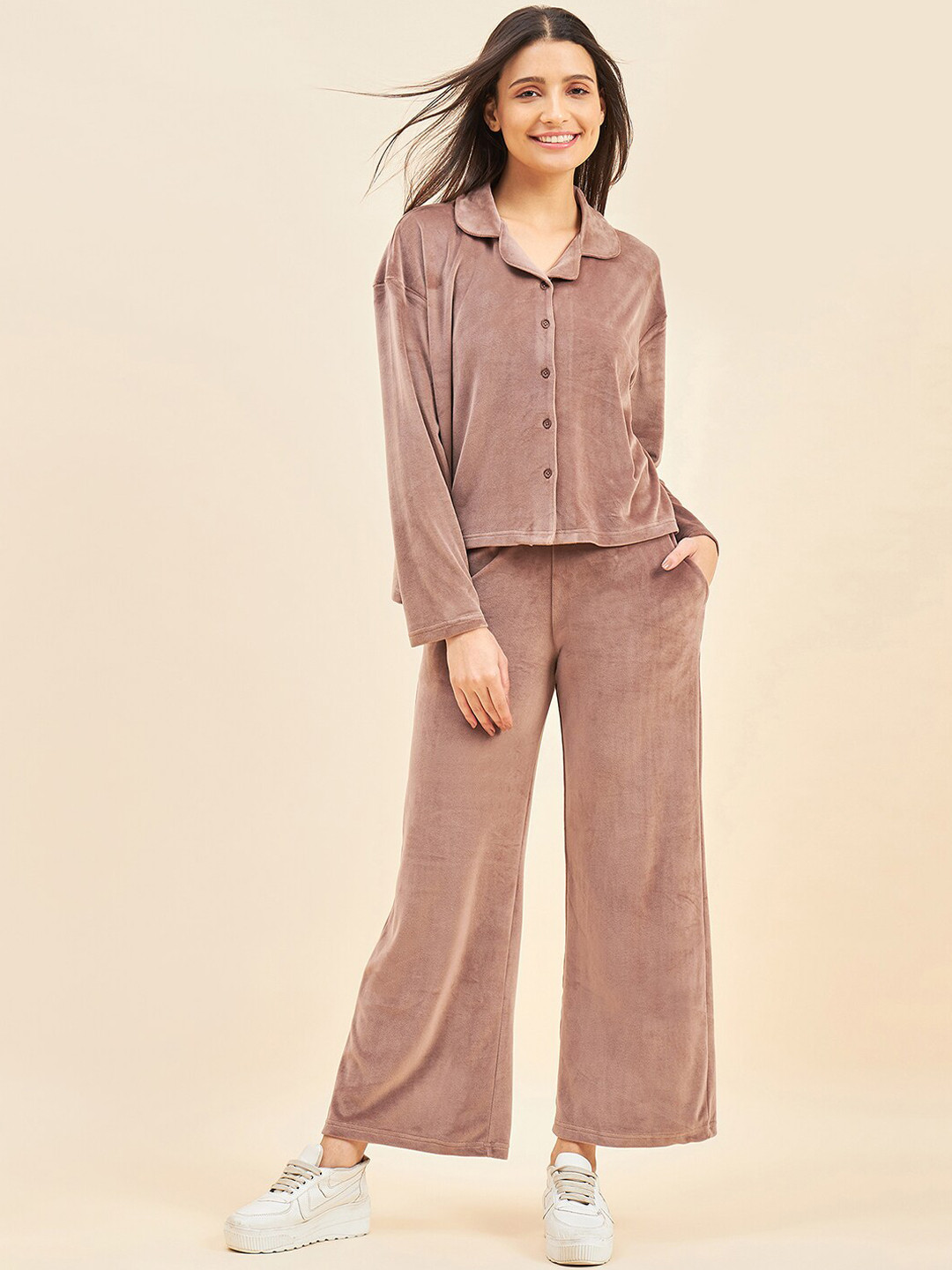 

Sweet Dreams Cuban Collar Long Sleeves Top With Trousers, Brown