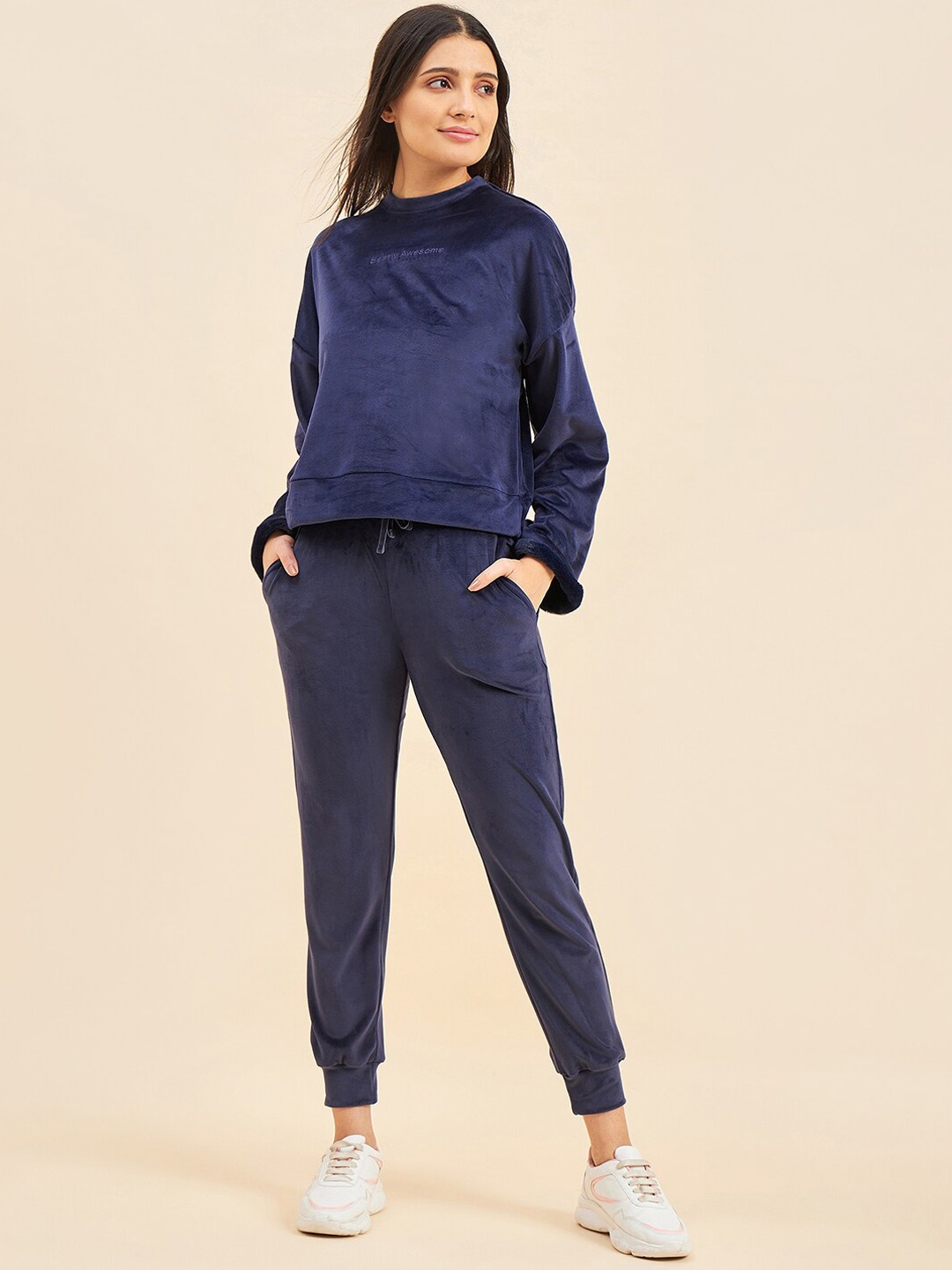

Sweet Dreams Round Neck Drop Shoulder Sleeves Tracksuit, Navy blue