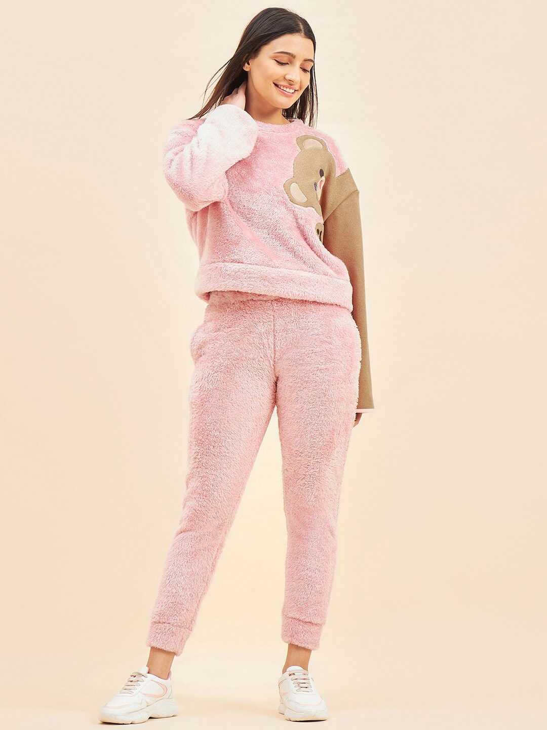 Sweet Dreams Round Neck Drop Shoulder Sleeves Tracksuit, Pink