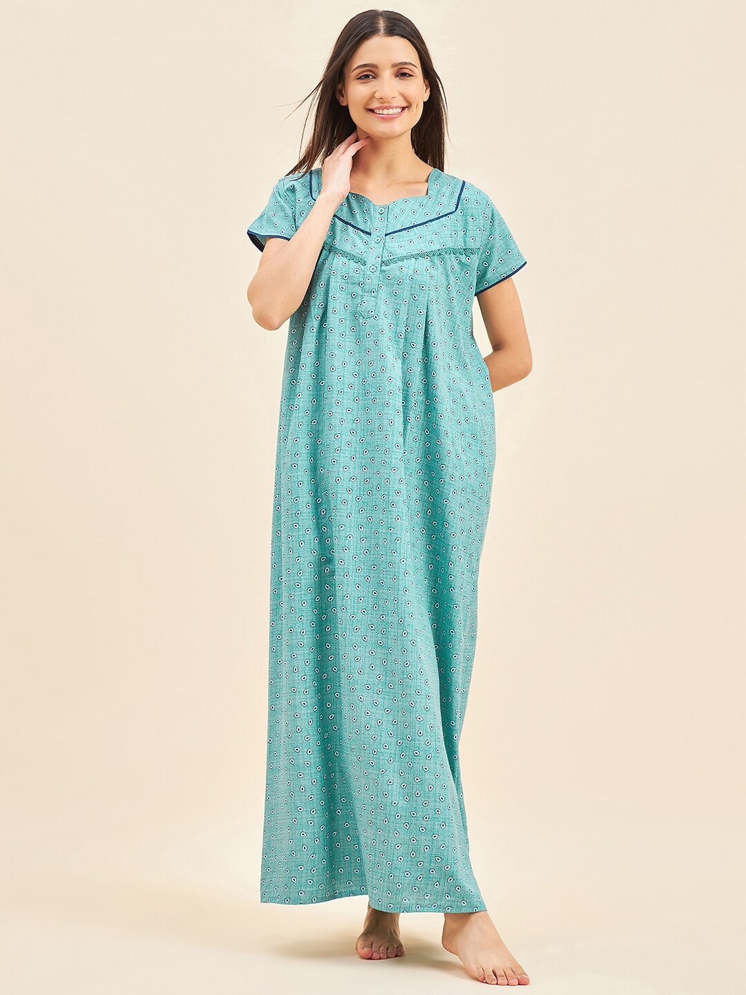 

Sweet Dreams Green Conversational Printed Maxi Nightdress