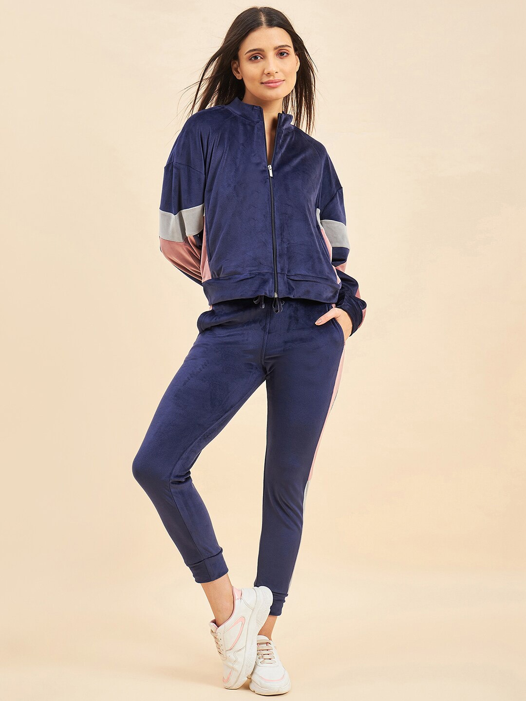 

Sweet Dreams Women Colourblock Zip-Front Tracksuit, Navy blue