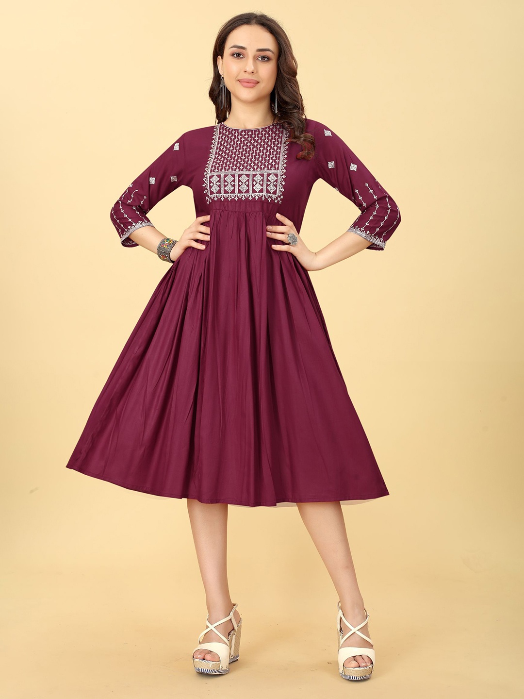 

KALINI Ethnic Motifs Embroidered Tie-Up Detail Fit & Flare Ethnic Dress, Burgundy