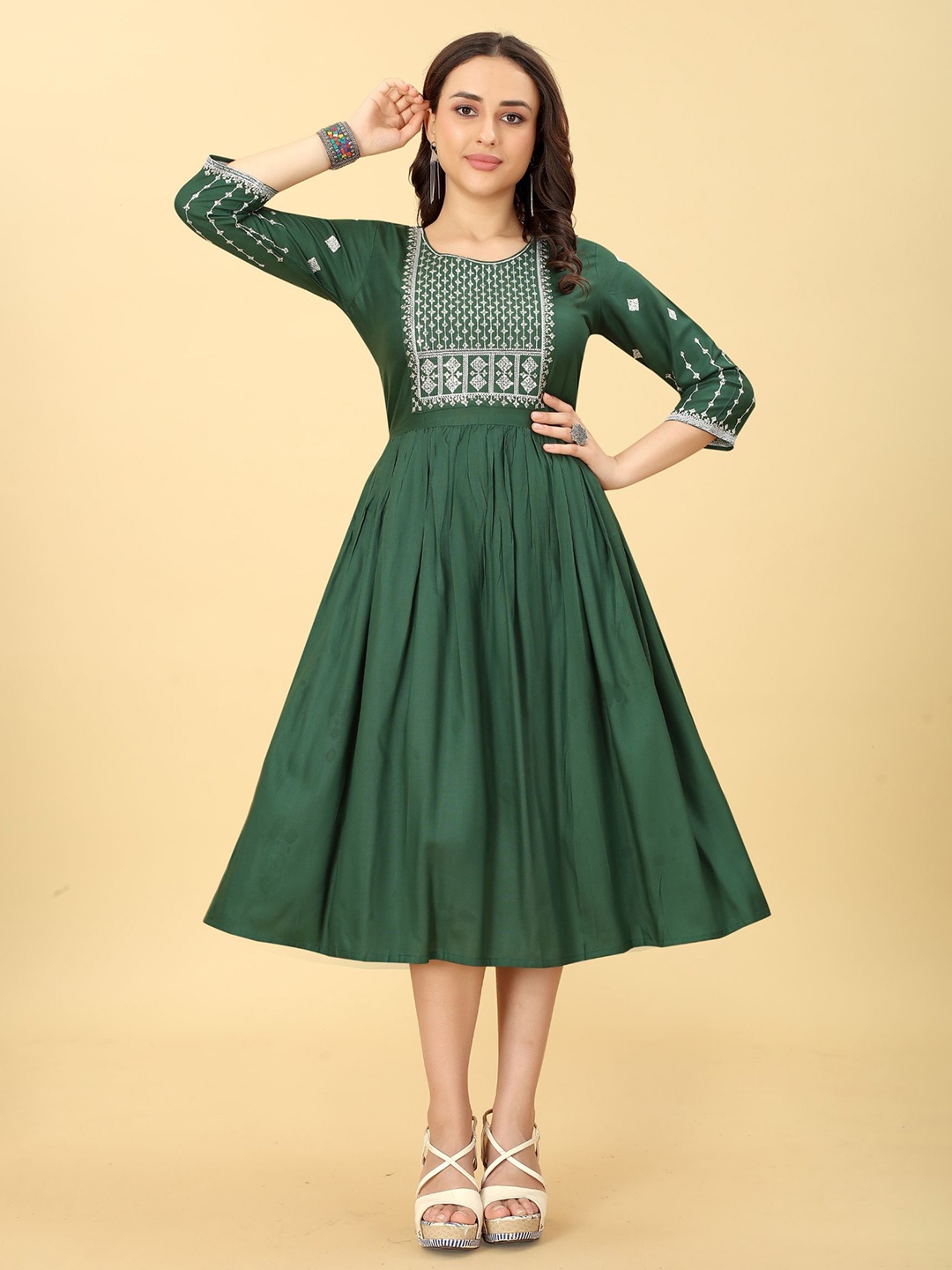 

KALINI Ethnic Motifs Embroidered Thread Work Ethnic Dress, Green