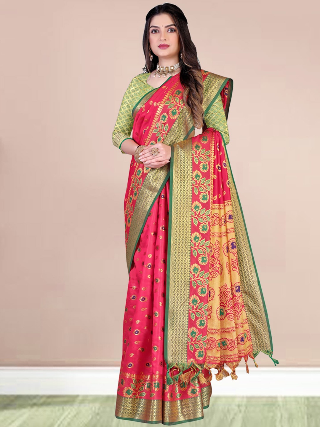 

N N ENTERPRISE Ethnic Motifs Woven Design Zari Kanjeevaram Saree, Rose