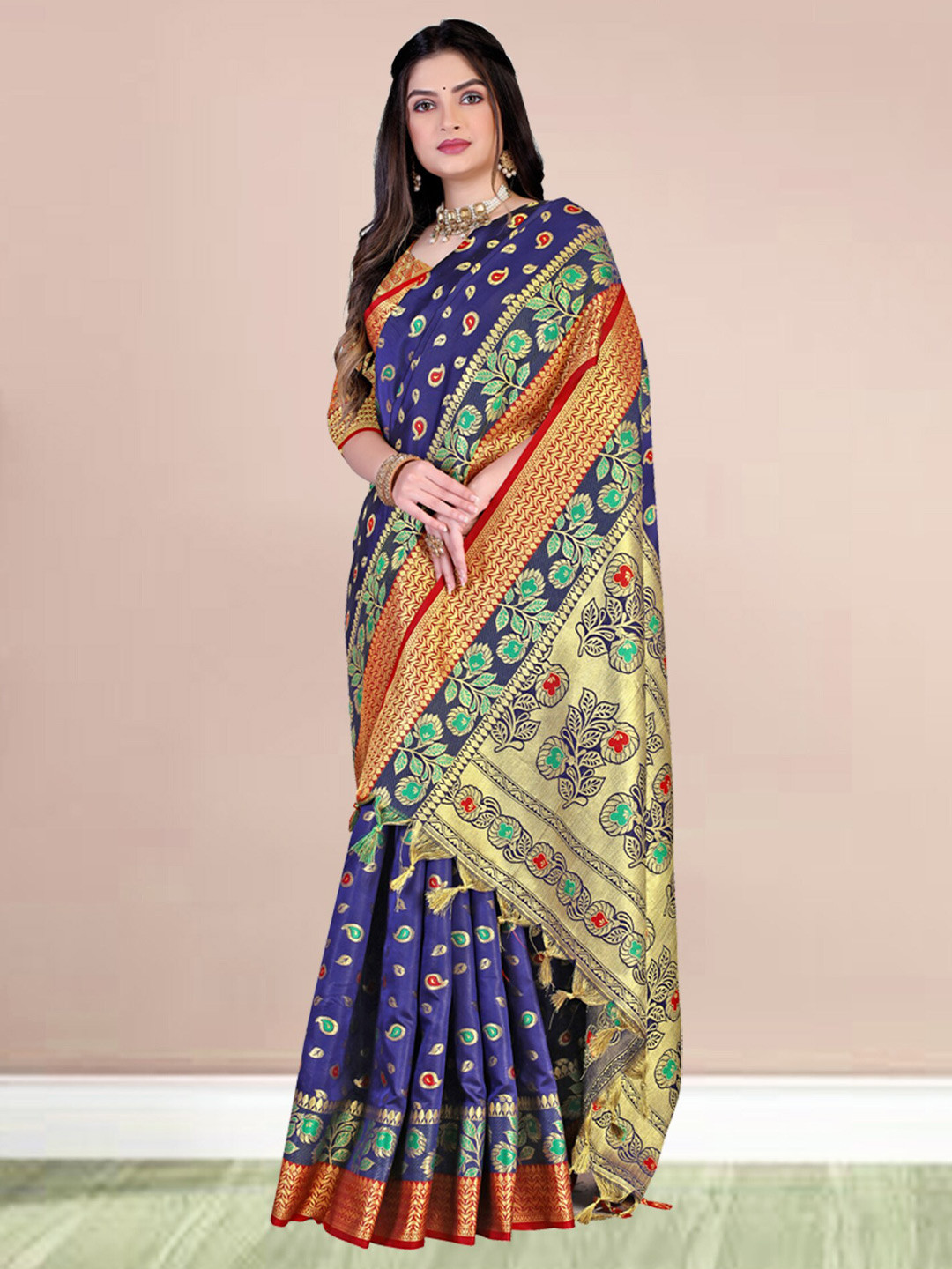 

N N ENTERPRISE Ethnic Motifs Woven Design Zari Kanjeevaram Saree, Blue