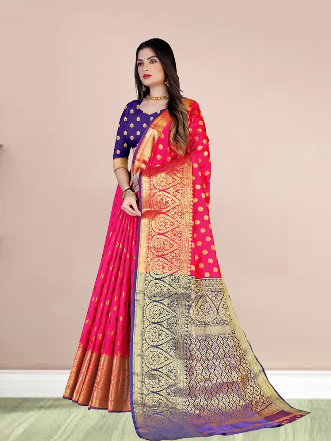 

N N ENTERPRISE Woven Design Zari Kanjeevaram Saree, Rose