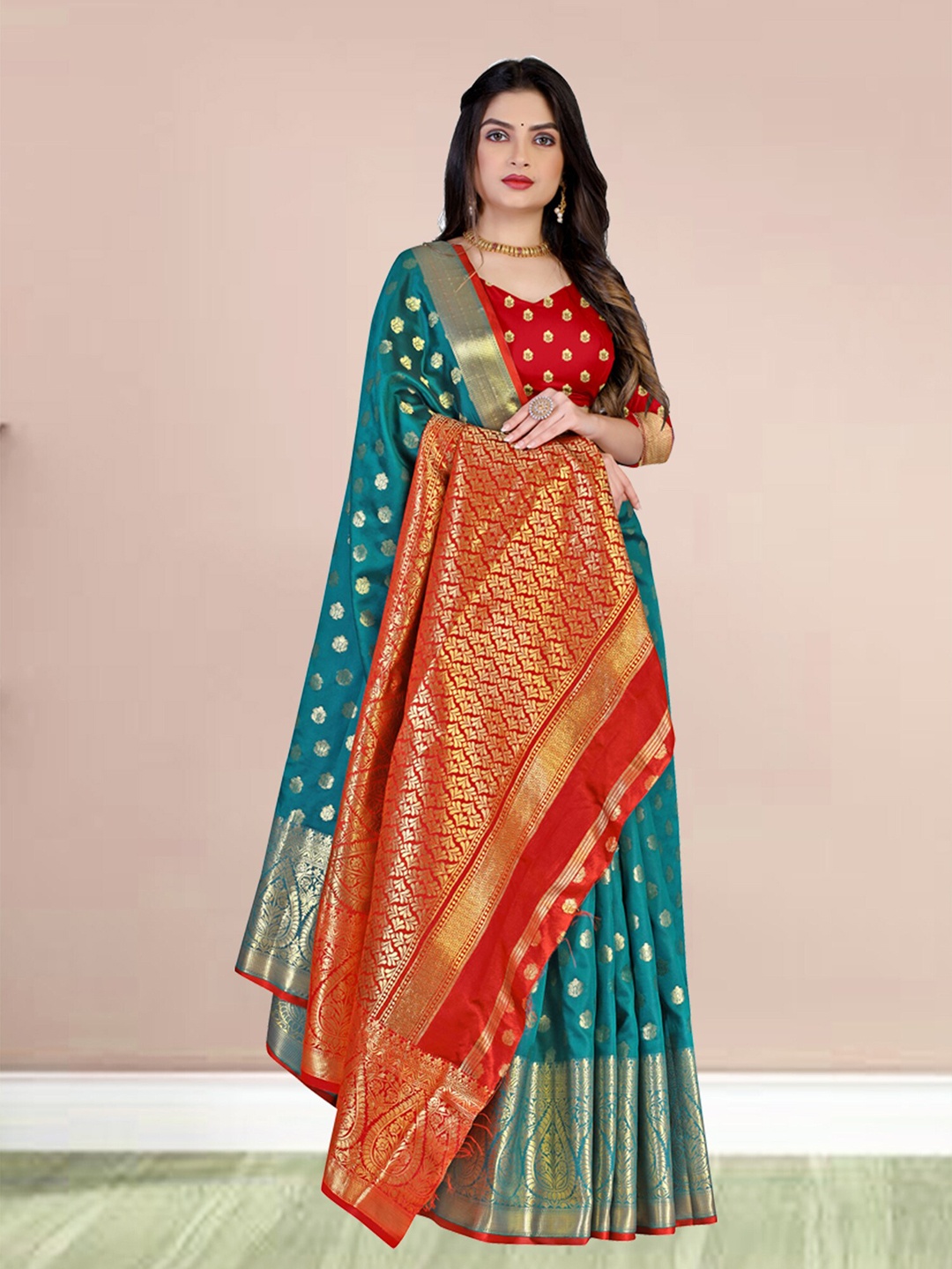 

N N ENTERPRISE Woven Design Zari Kanjeevaram Saree, Sea green