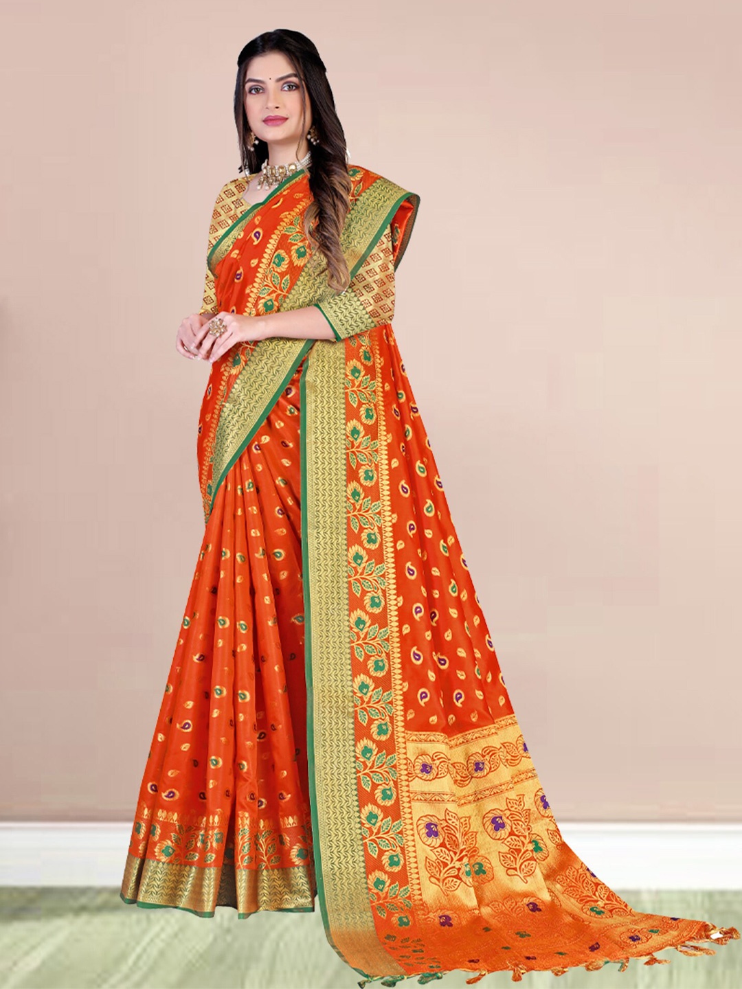 

N N ENTERPRISE Ethnic Motifs Woven Design Zari Kanjeevaram Saree, Orange