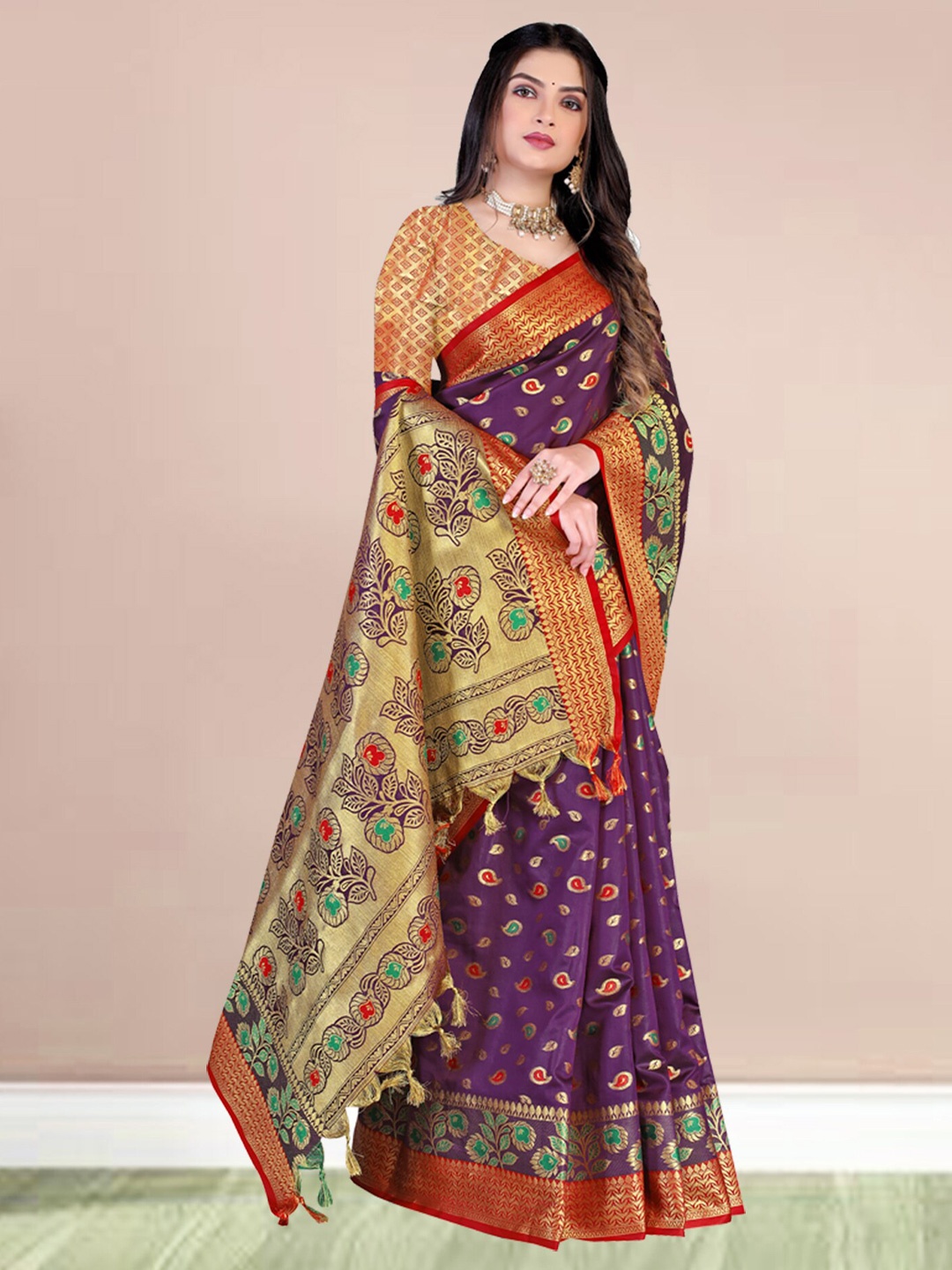 

N N ENTERPRISE Woven Design Zari Kanjeevaram Saree, Purple