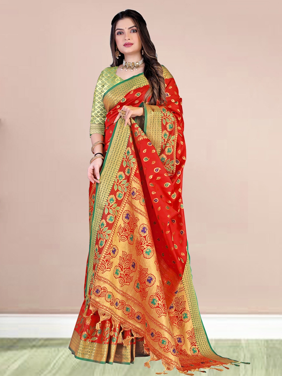 

N N ENTERPRISE Ethnic Motifs Woven Design Zari Kanjeevaram Saree, Red