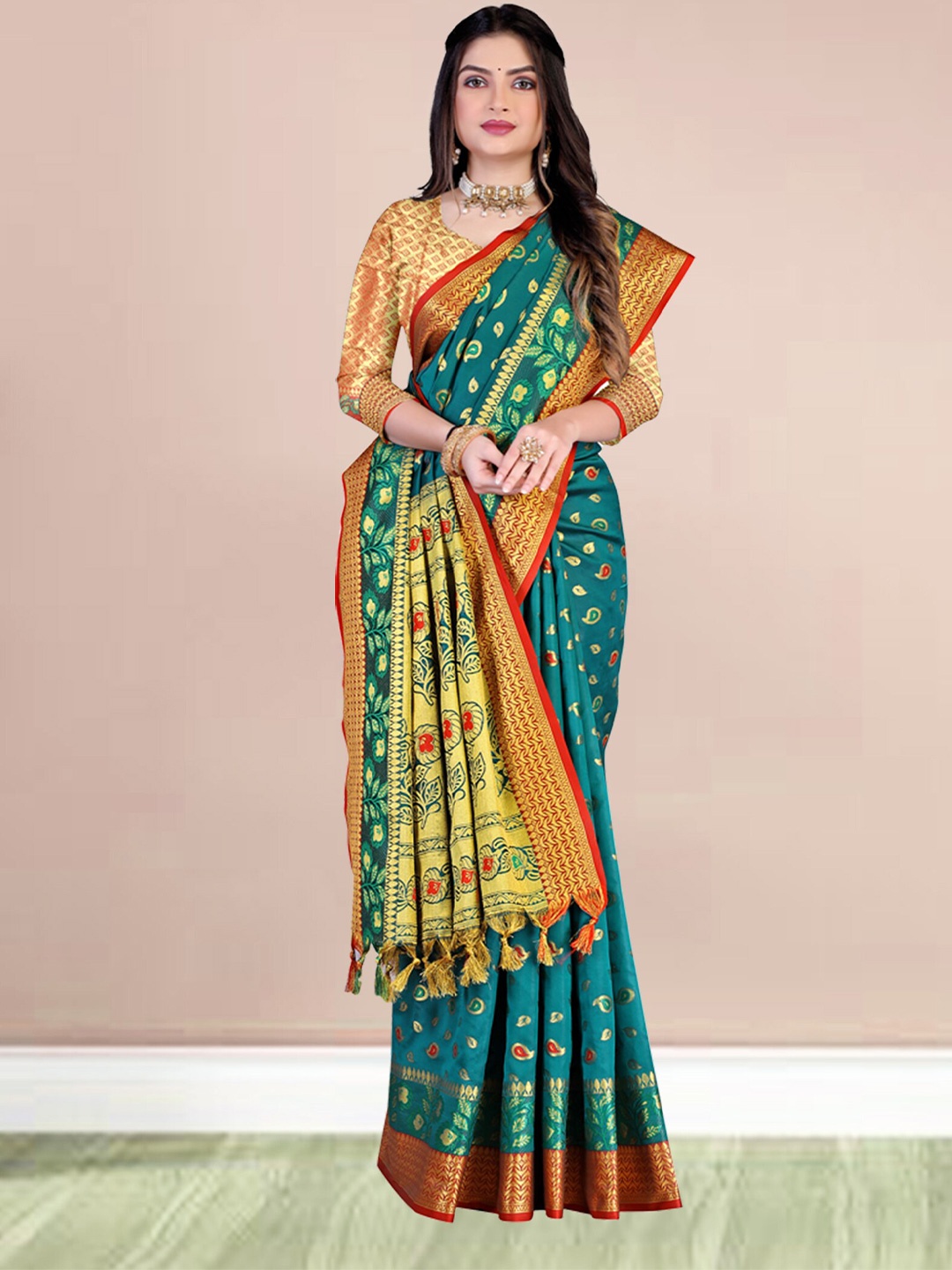 

N N ENTERPRISE Ethnic Motifs Woven Design Zari Kanjeevaram Saree, Sea green