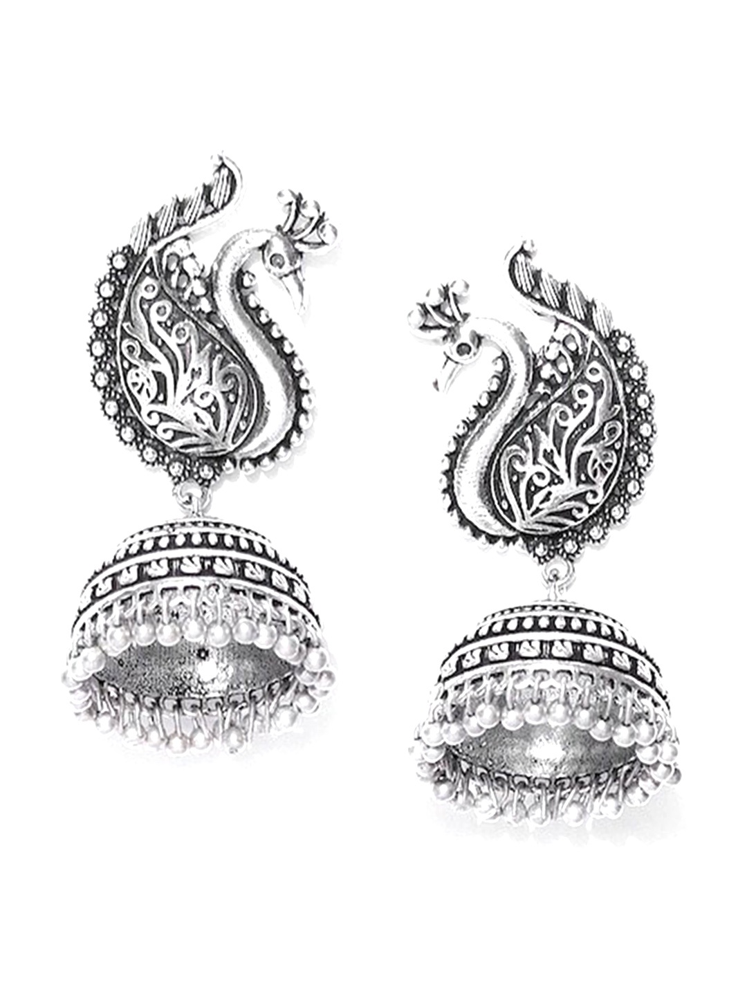 

Infuzze Silver-Plated Peacock Shaped Jhumkas Earrings